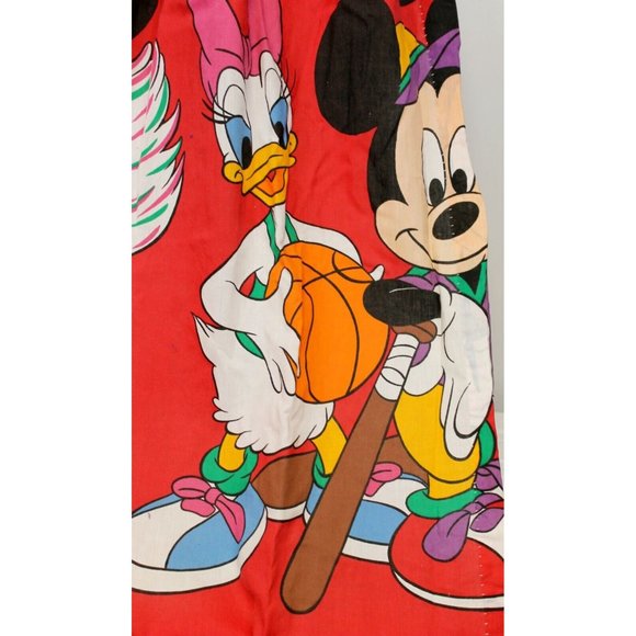 2 VTG 80s Disney Sports Theme Mickey Minnie Daisy Donald Red Curtain Panel Pleat - Picture 3 of 12